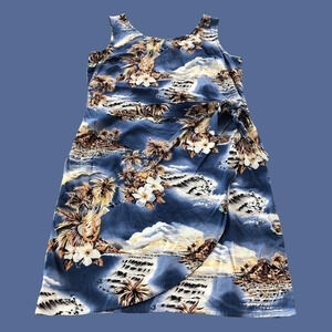 Vintage Hilo Hattie Hawaii Womens Medium Blue Tropical Faux Wrap Dress Hawaiian